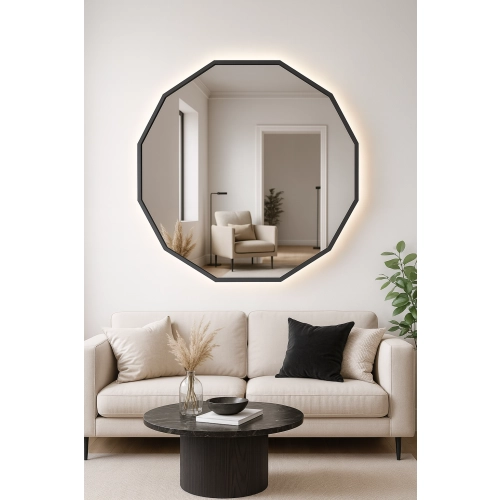 Lustro NÉROLI – nowoczesne lustro wielokątne LED z podświetleniem w czarnej ramie MDF | designerskie lustro dekoracyjne do salonu, sypialni, łazienki,